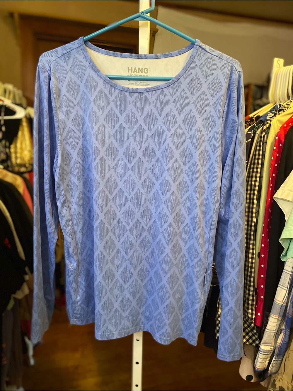 Hang Ten Light Periwinkle Blue Diamond-Pattern Athletic Long Sleeve Top